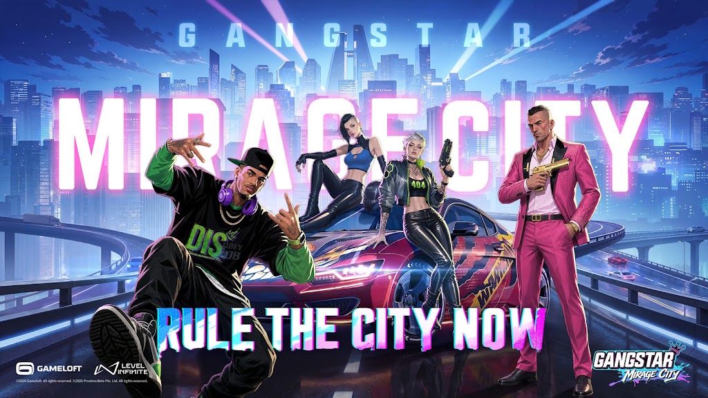 Gangstar Mirage City characters gathered around a customized sports car above the city highways