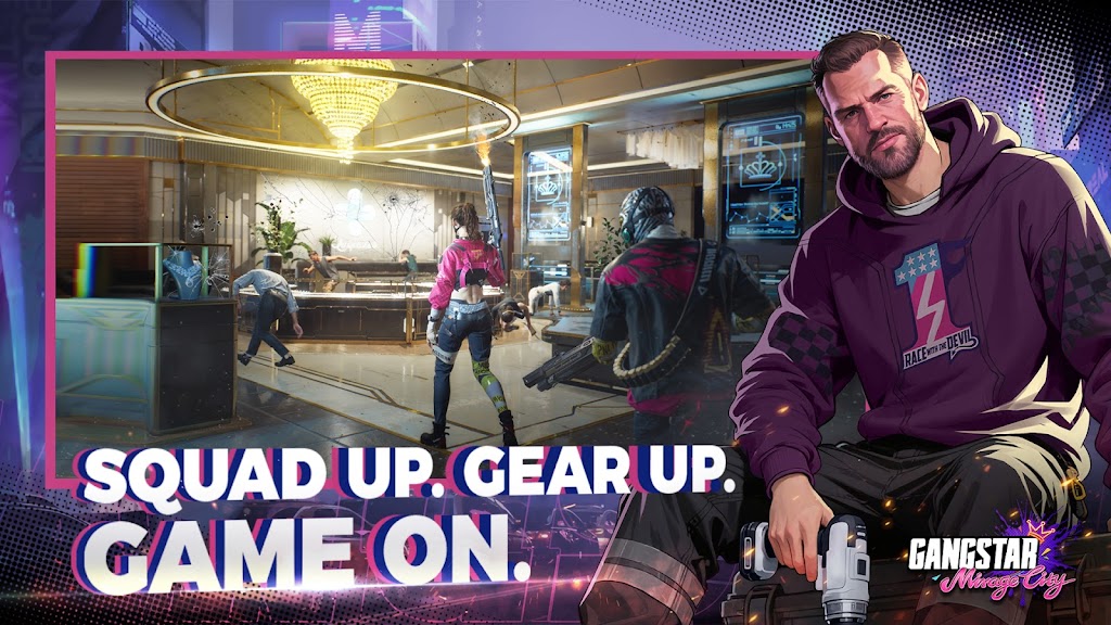 Armed Gangstar Mirage City crew entering a bank during a heist