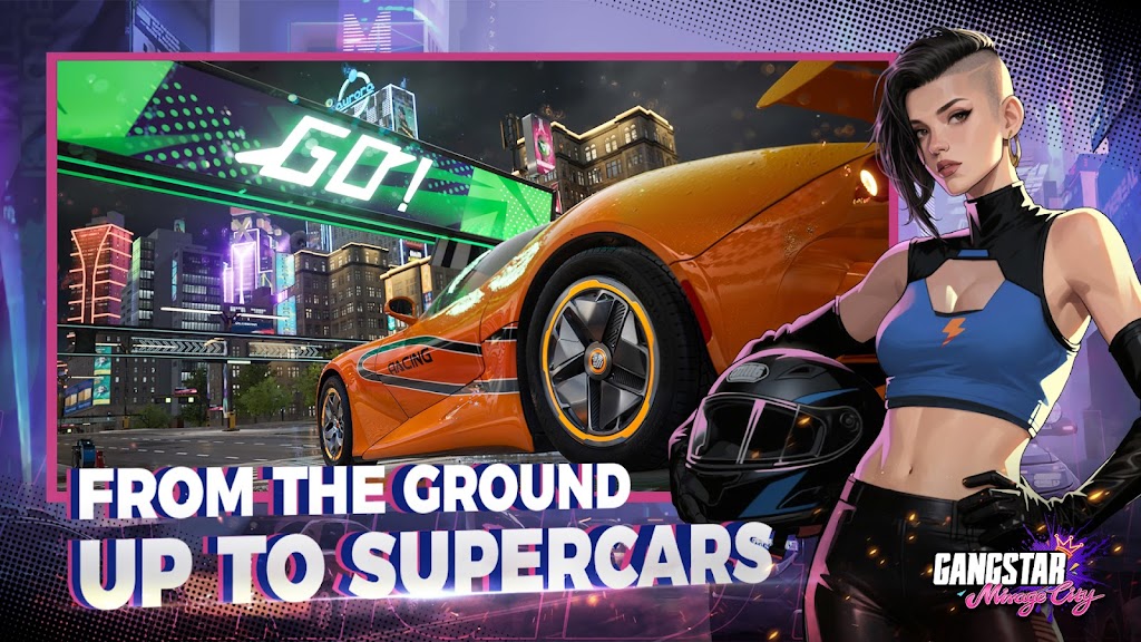 Orange Gangstar Mirage City sports car waiting at a neon race start line