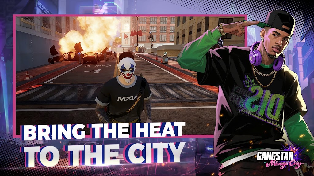 Gangstar Mirage City street chase with a masked character and burning vehicles