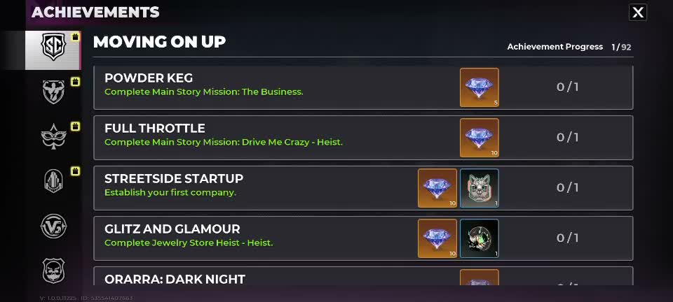 Gangstar Mirage City Achievements menu showing Moving On Up story and Company goals