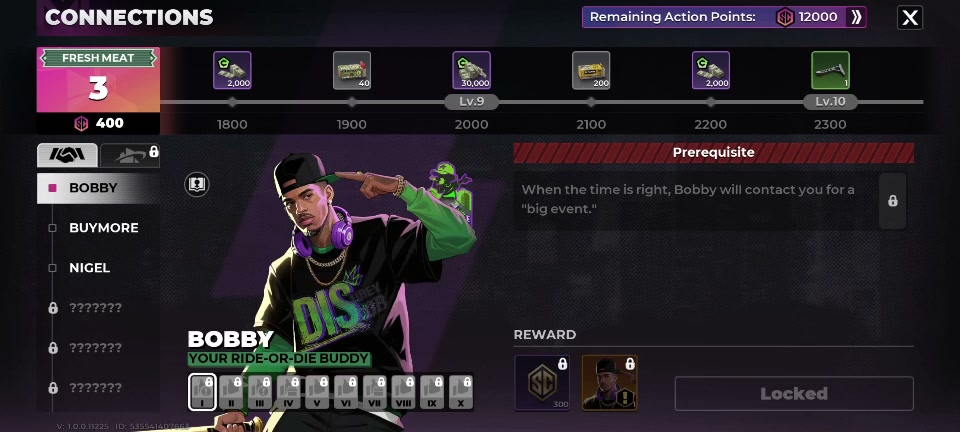 Bobby Connections early reward tiles from 1,800 to 2,300 Action Points