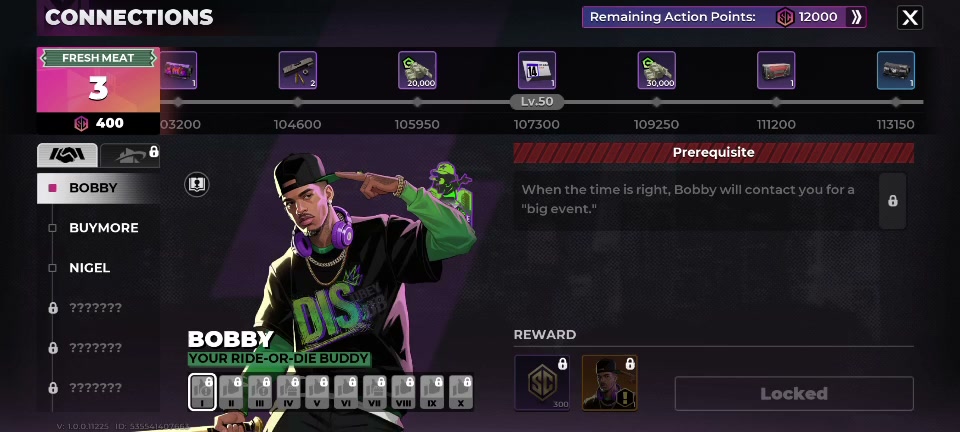 Bobby Connections rank 50 reward track with Action Point milestones