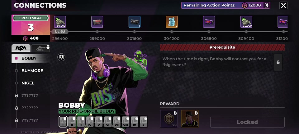 Bobby Connections reward track with Action Point milestones in Gangstar Mirage City