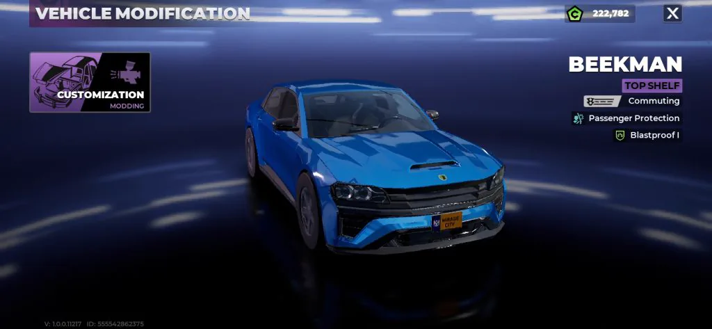 Beekman sedan labeled Top Shelf and Commuting on the Gangstar Mirage City vehicle screen