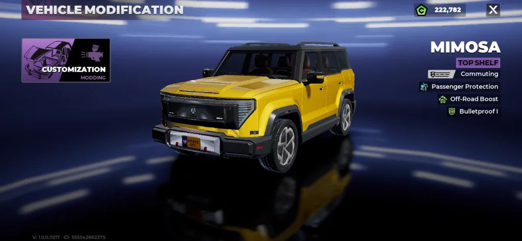 Mimosa SUV labeled Top Shelf and Commuting on the Gangstar Mirage City vehicle screen