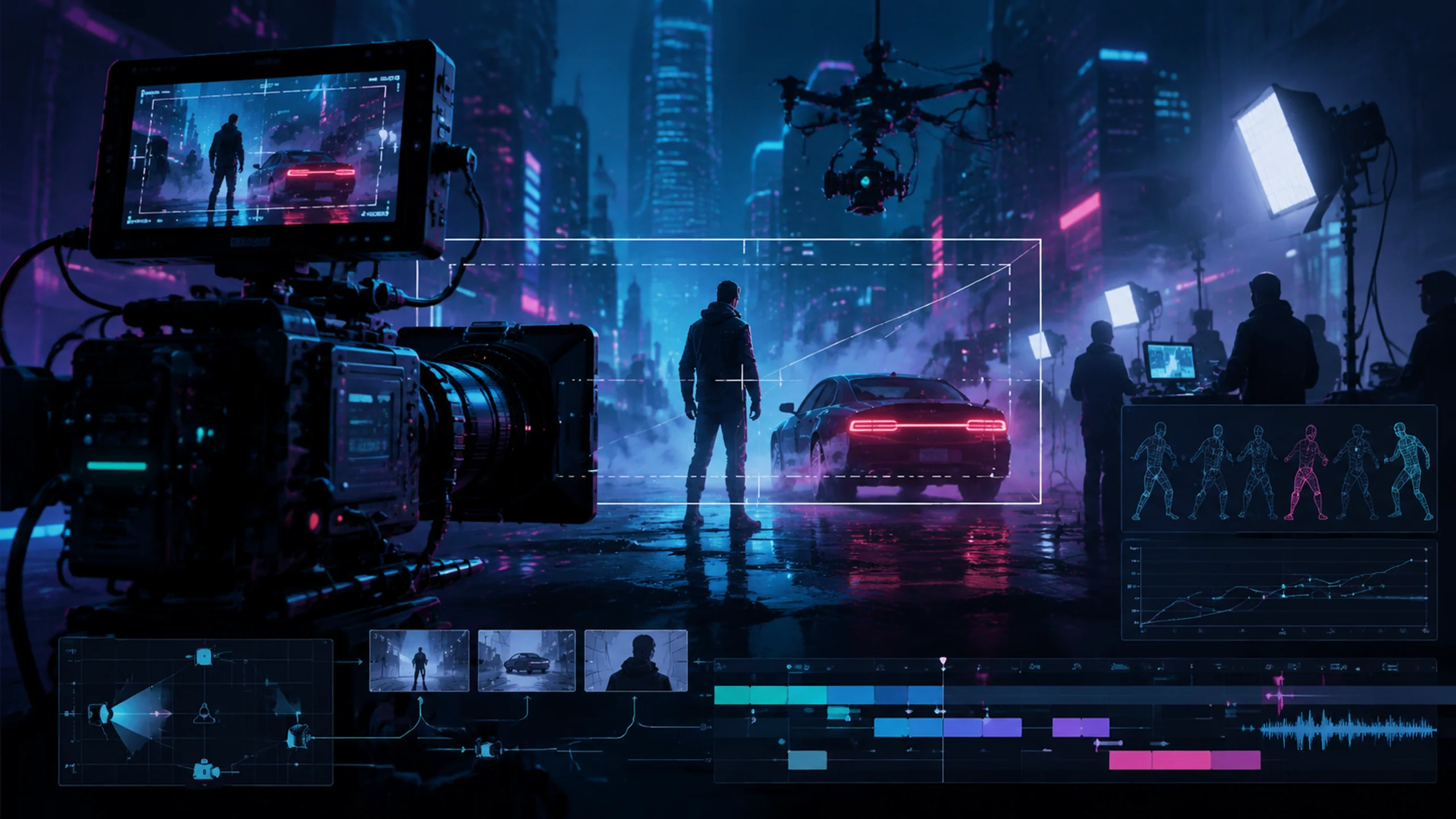 Original editorial illustration of a virtual film camera recording a neon city scene