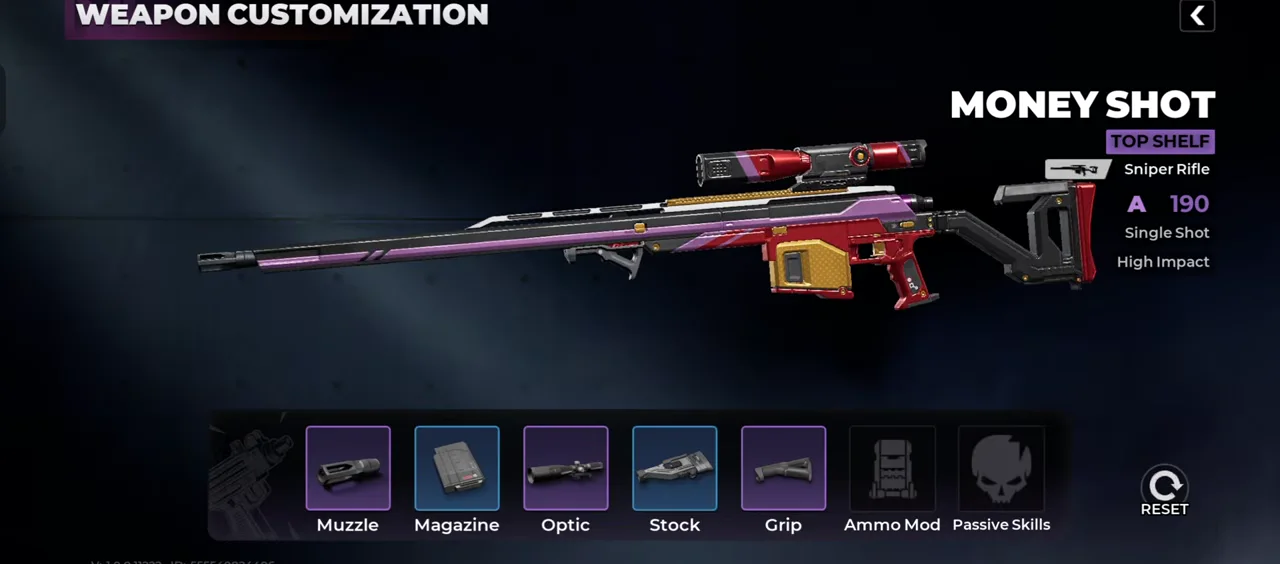 Money Shot customization screen showing Top Shelf sniper rifle, A 190, Single Shot, and High Impact
