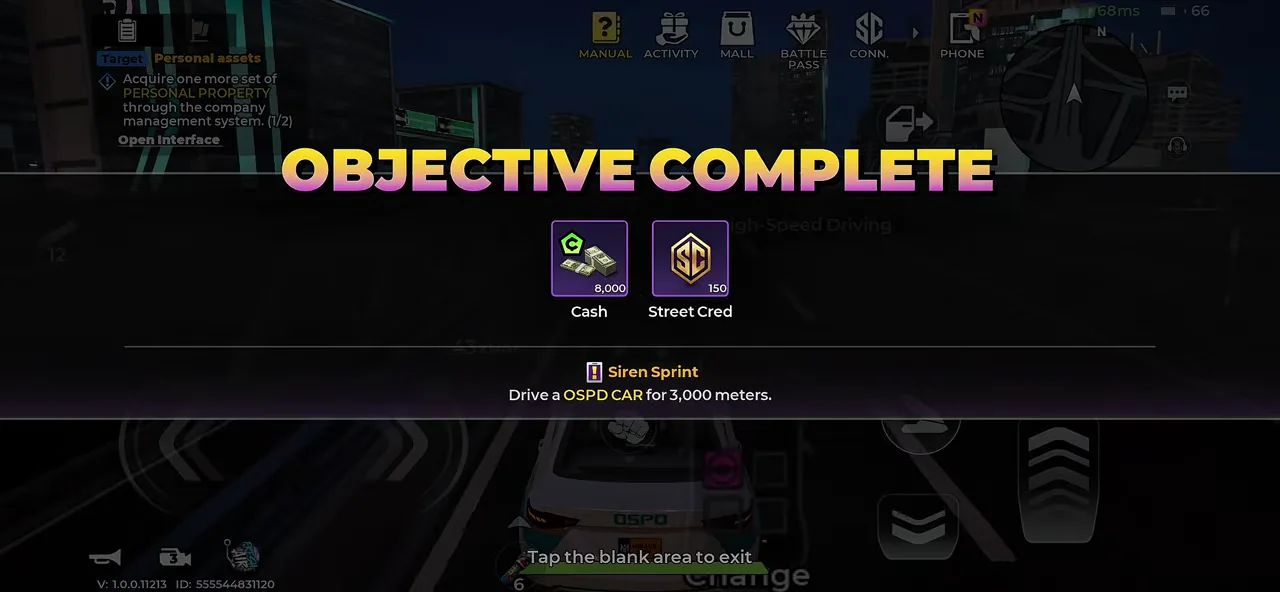 Gangstar Mirage City Siren Sprint completion screen showing Cash and Street Cred rewards
