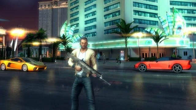 Gangstar Vegas official trailer scene with a character, sports car, and Las Vegas street