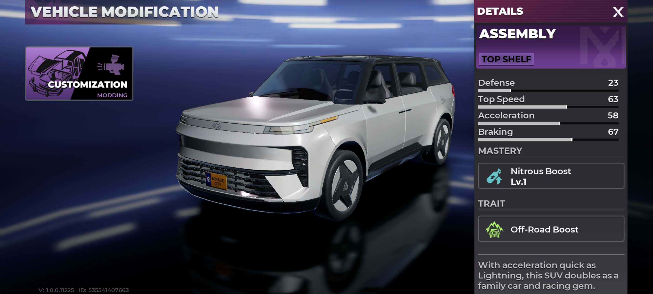 Assembly vehicle details screen in Gangstar Mirage City