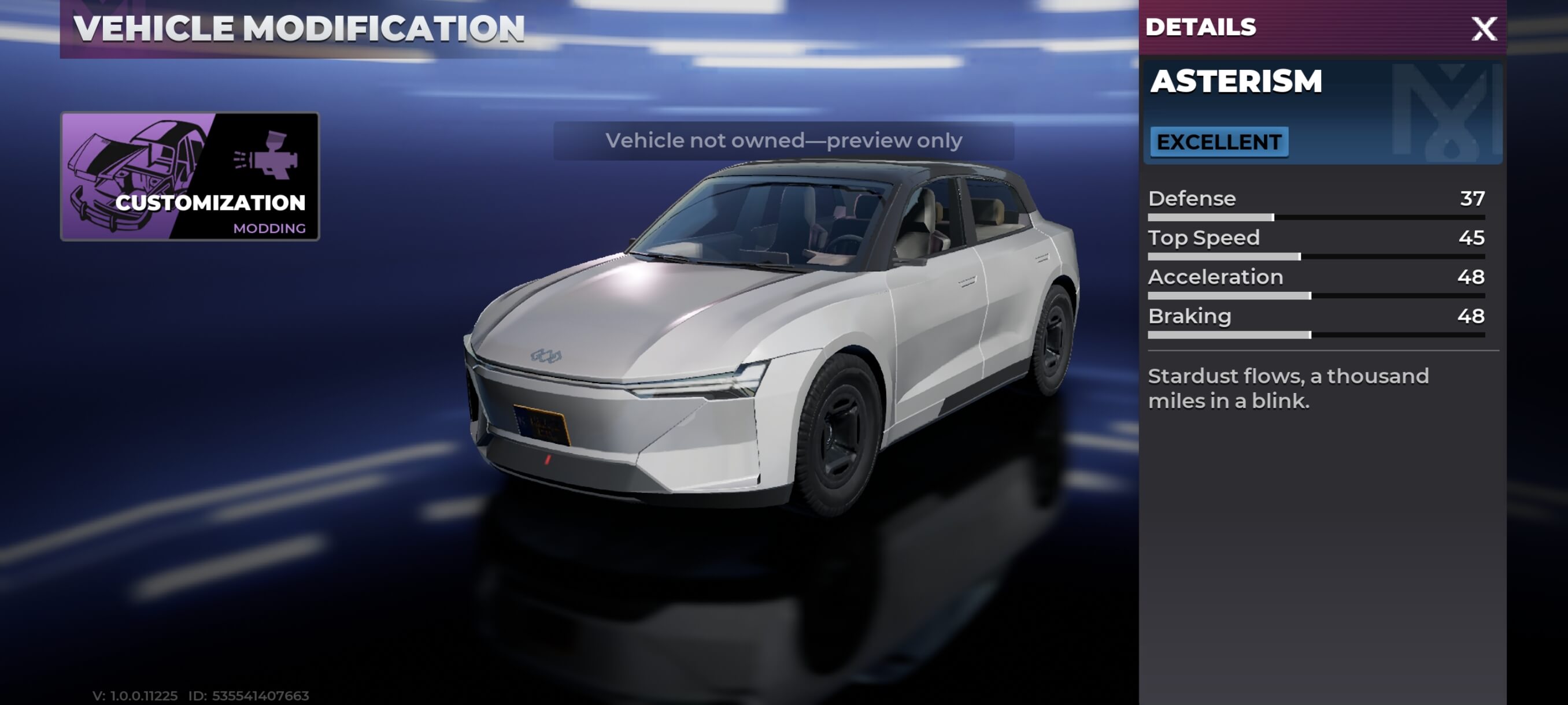 Asterism vehicle details screen in Gangstar Mirage City