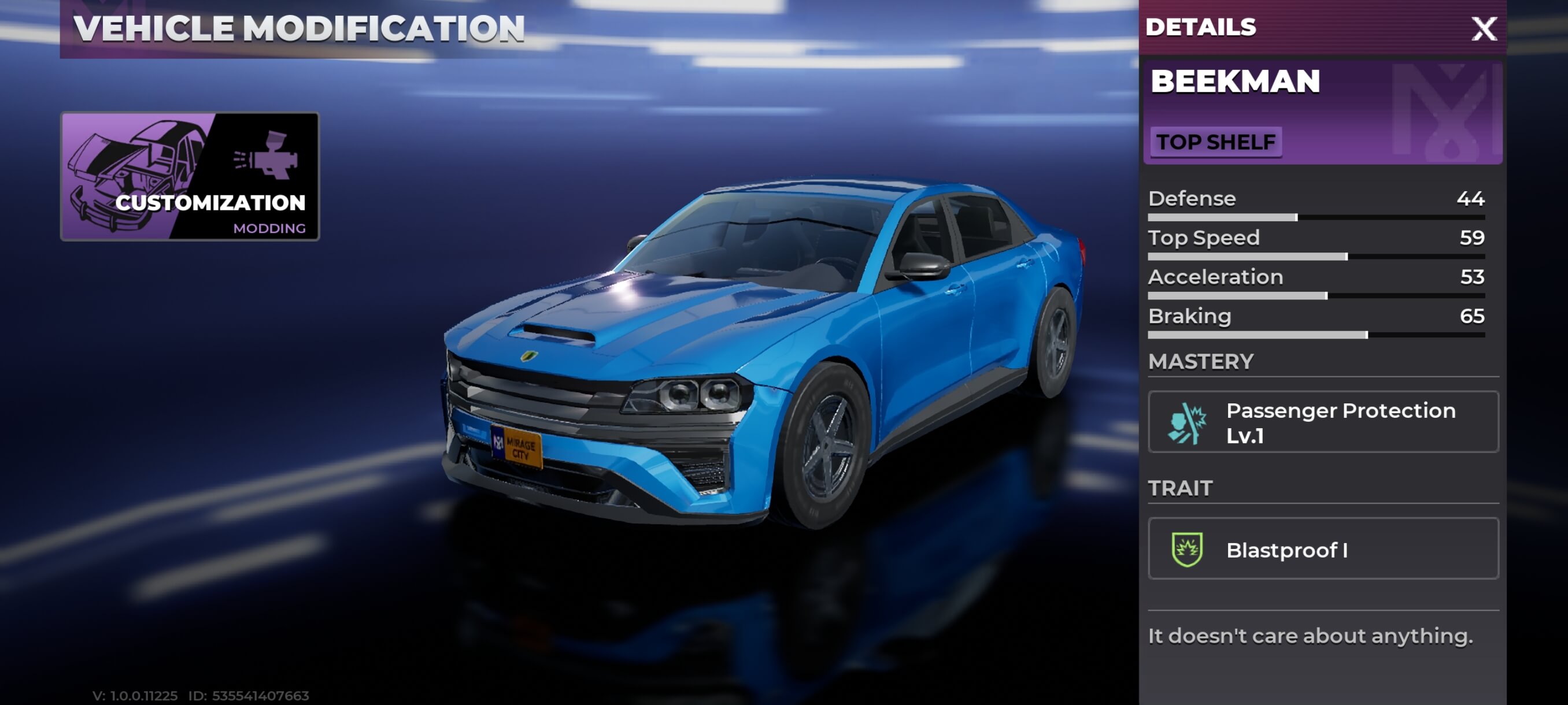 Beekman vehicle details screen in Gangstar Mirage City