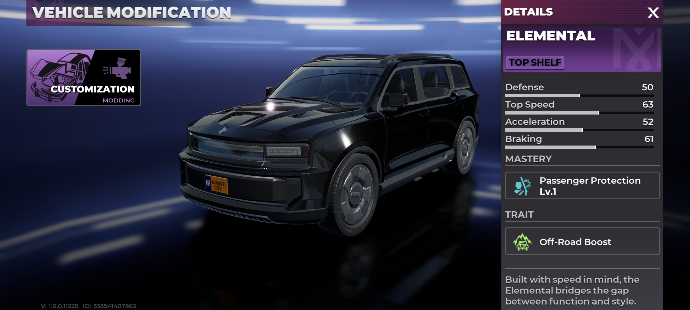 Elemental vehicle details screen in Gangstar Mirage City