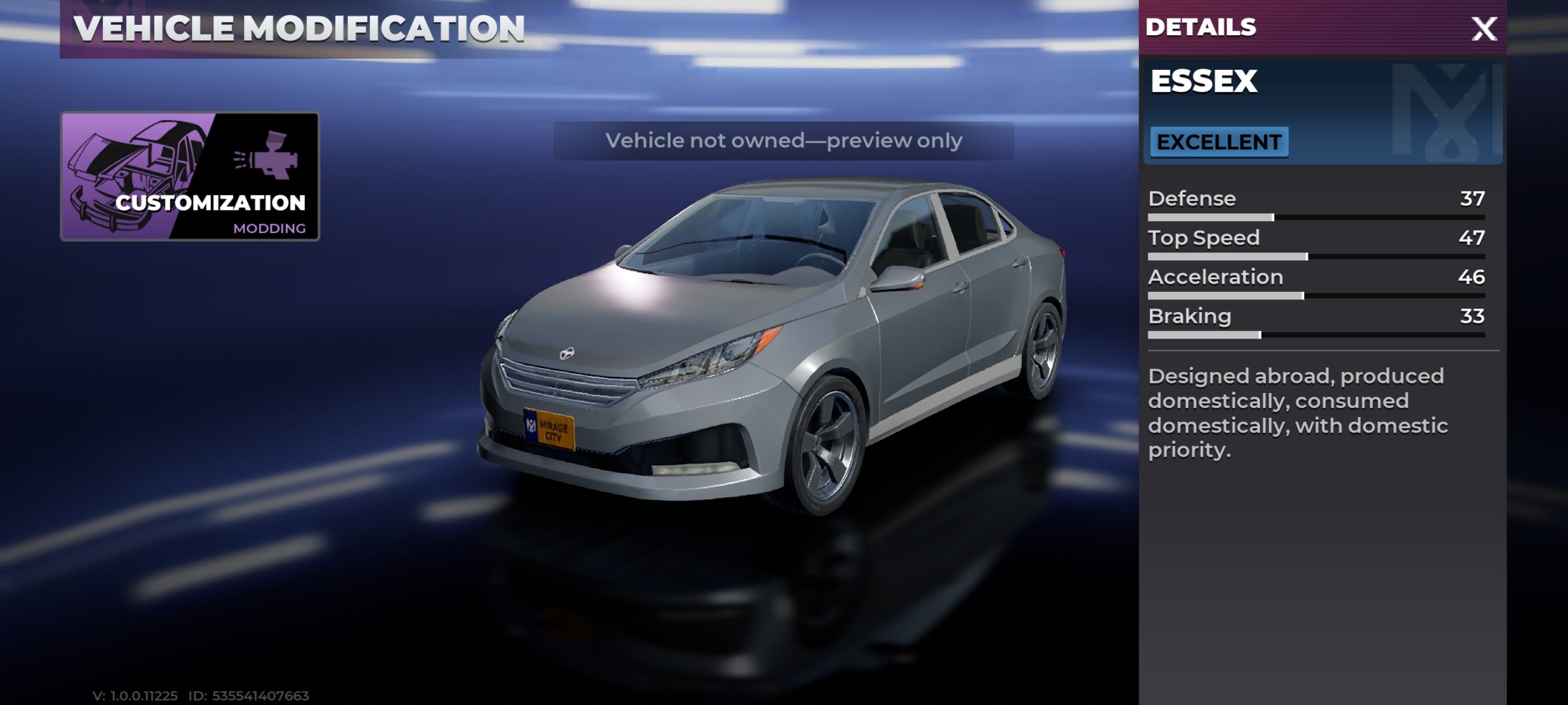 Essex vehicle details screen in Gangstar Mirage City