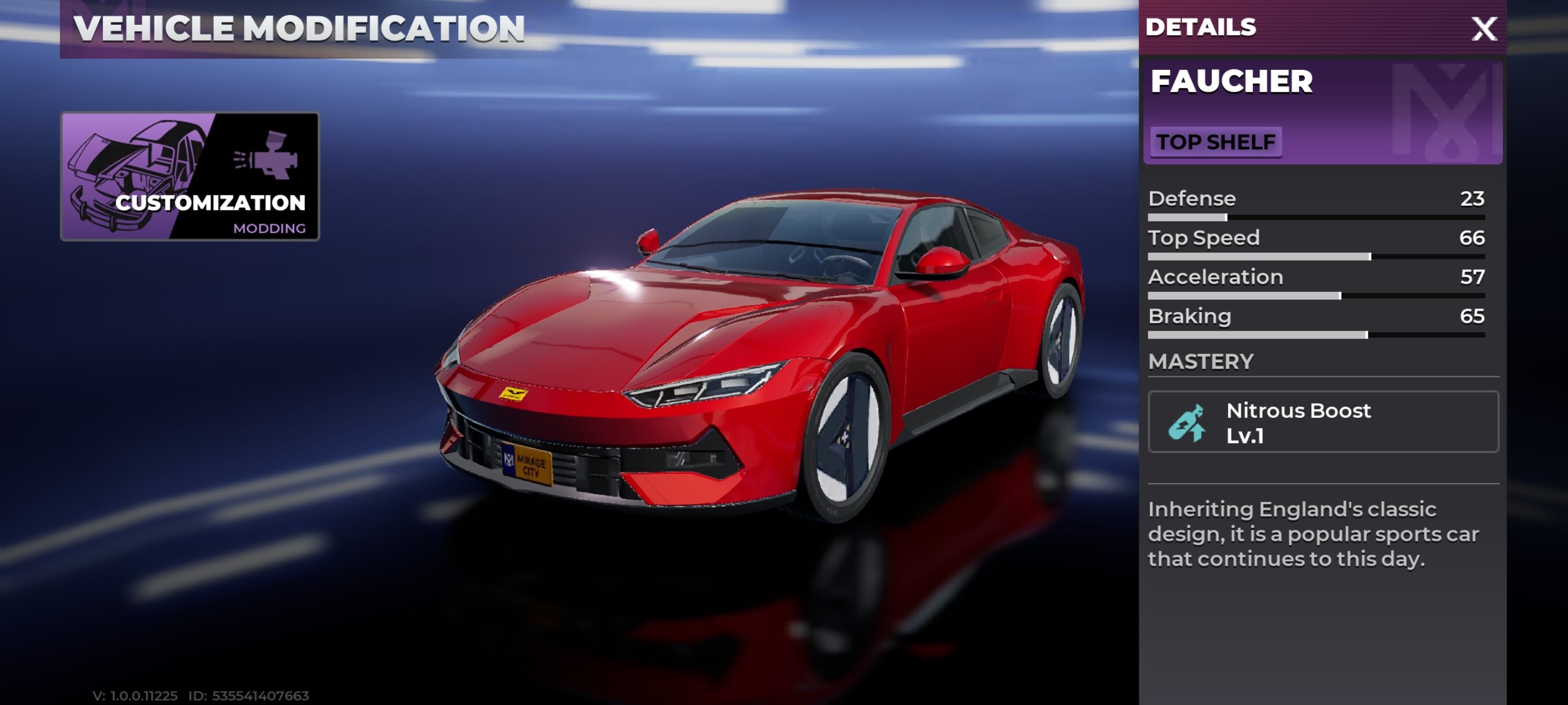 Faucher vehicle details screen in Gangstar Mirage City