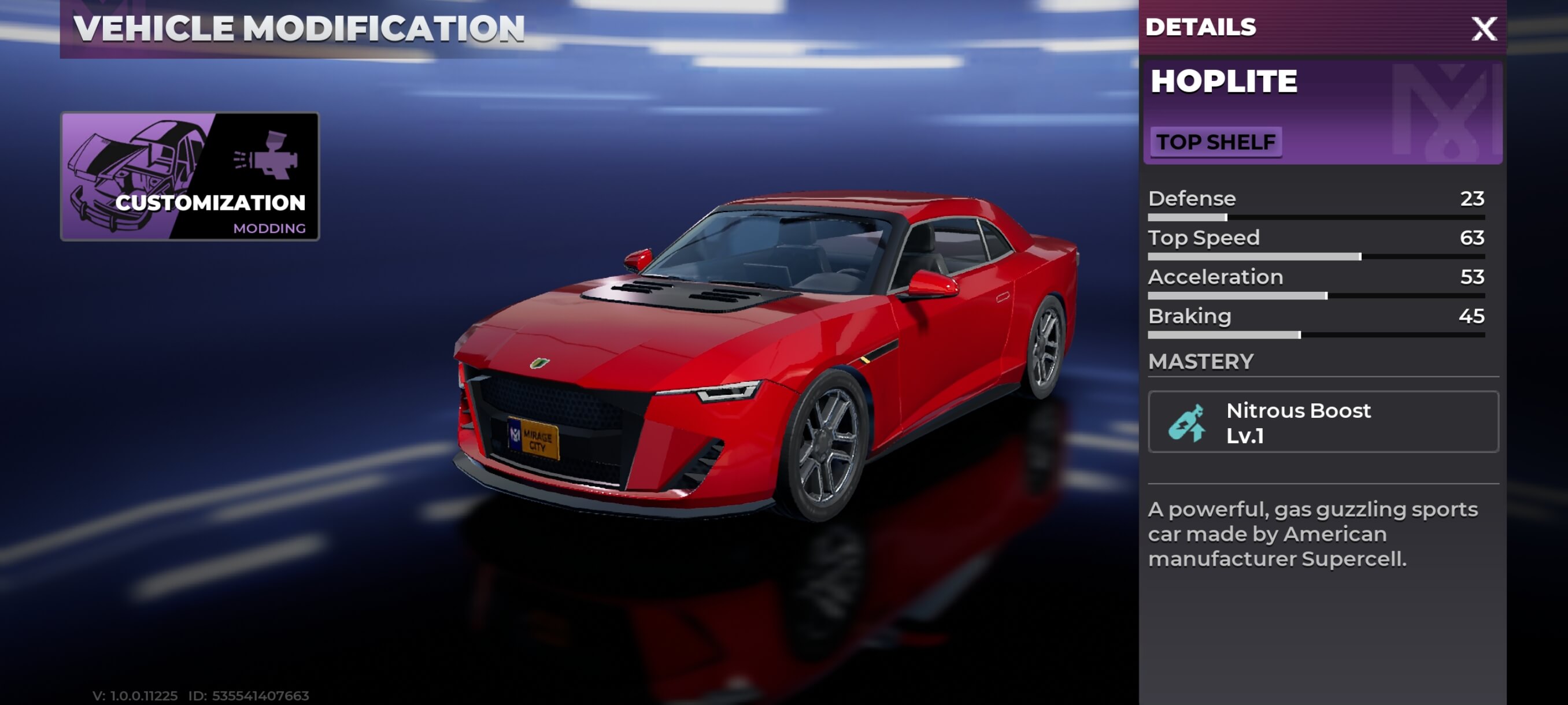 Hoplite vehicle details screen in Gangstar Mirage City