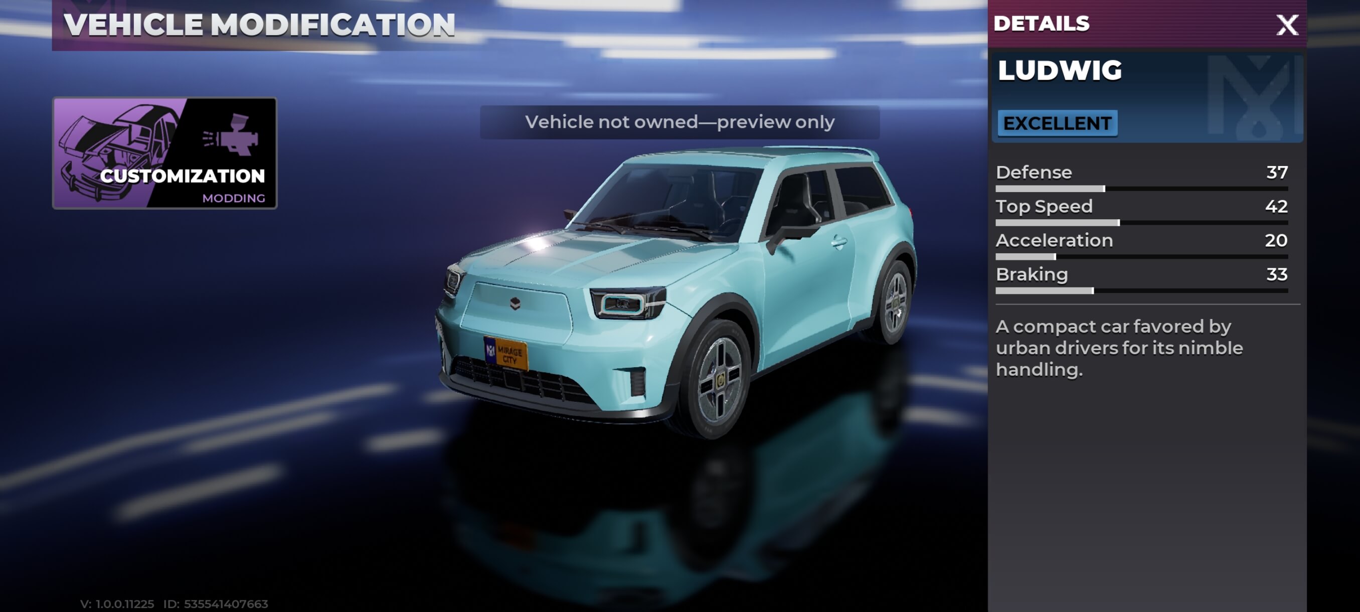 Ludwig vehicle details screen in Gangstar Mirage City