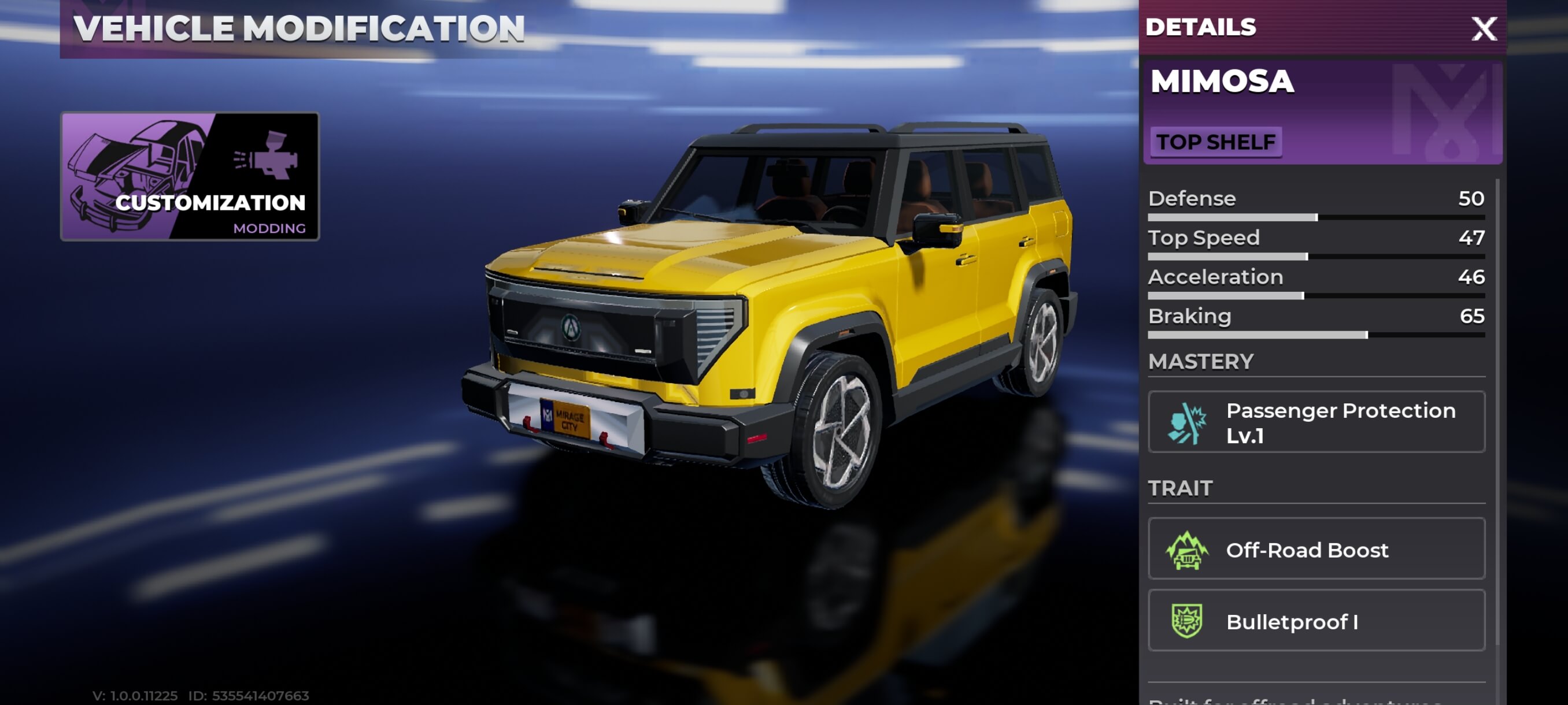 Mimosa vehicle details screen in Gangstar Mirage City