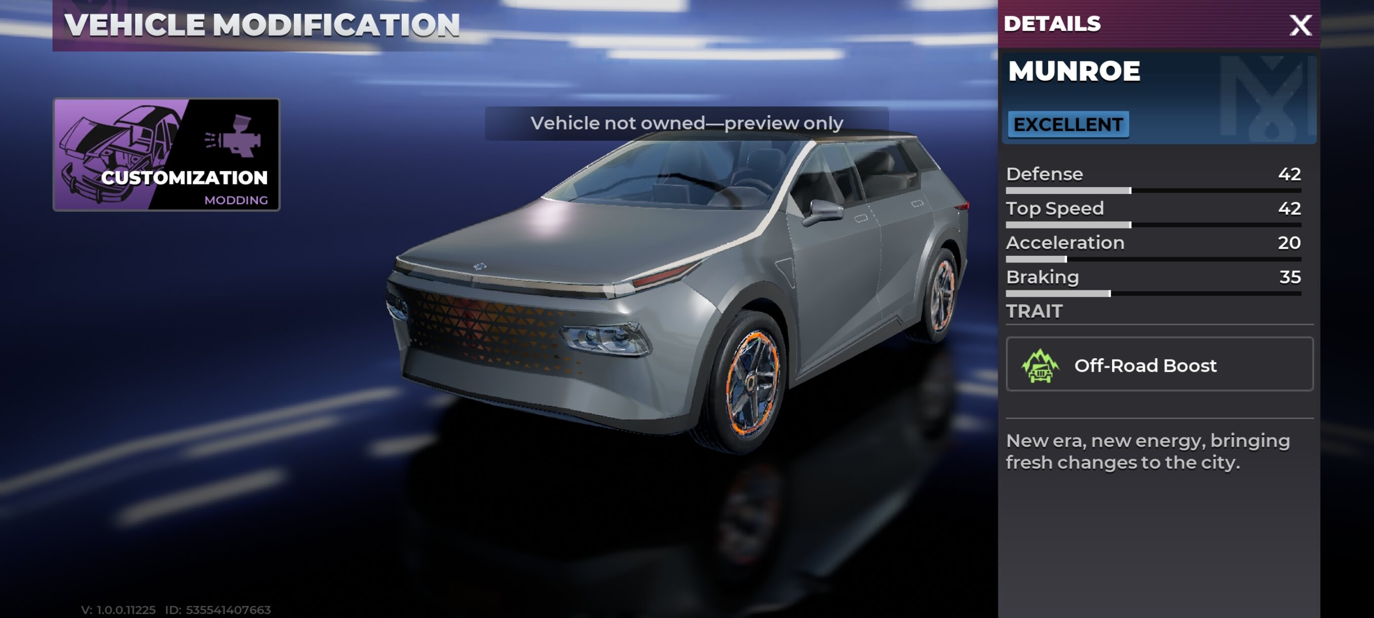 Munroe vehicle details screen in Gangstar Mirage City