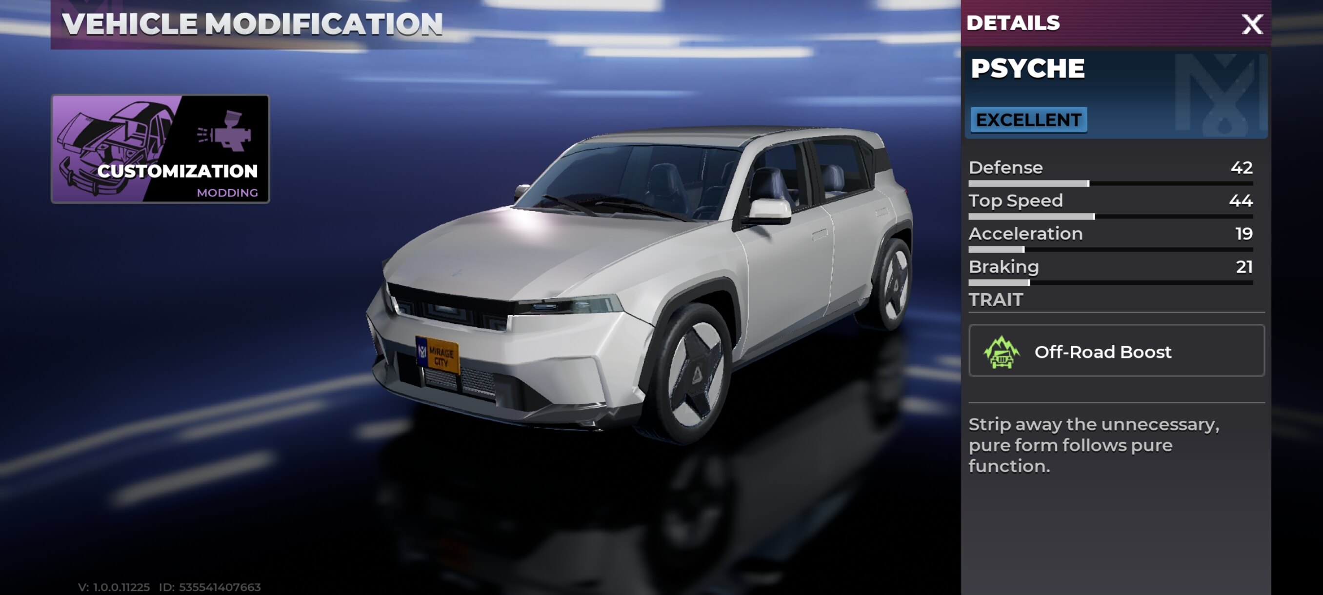 Psyche vehicle details screen in Gangstar Mirage City