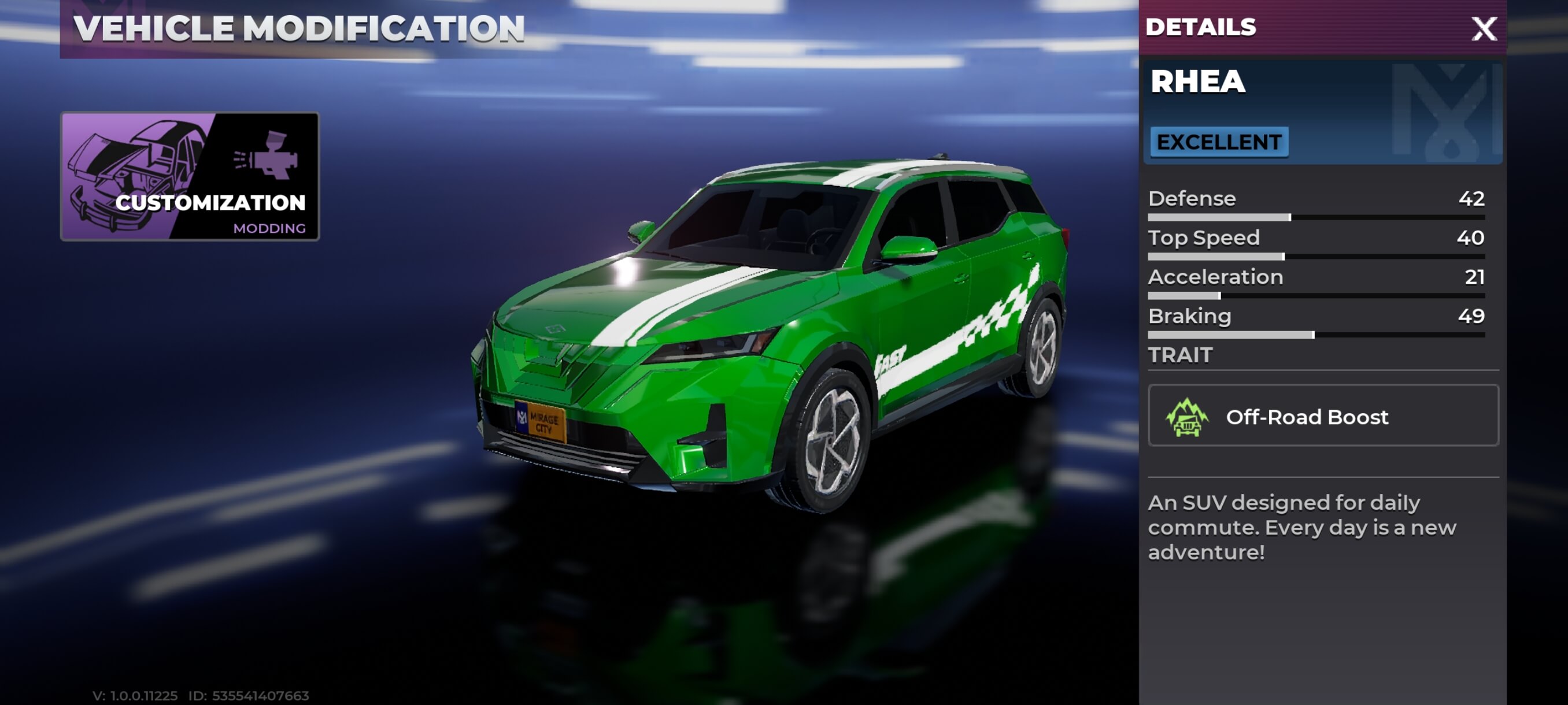 Rhea vehicle details screen in Gangstar Mirage City