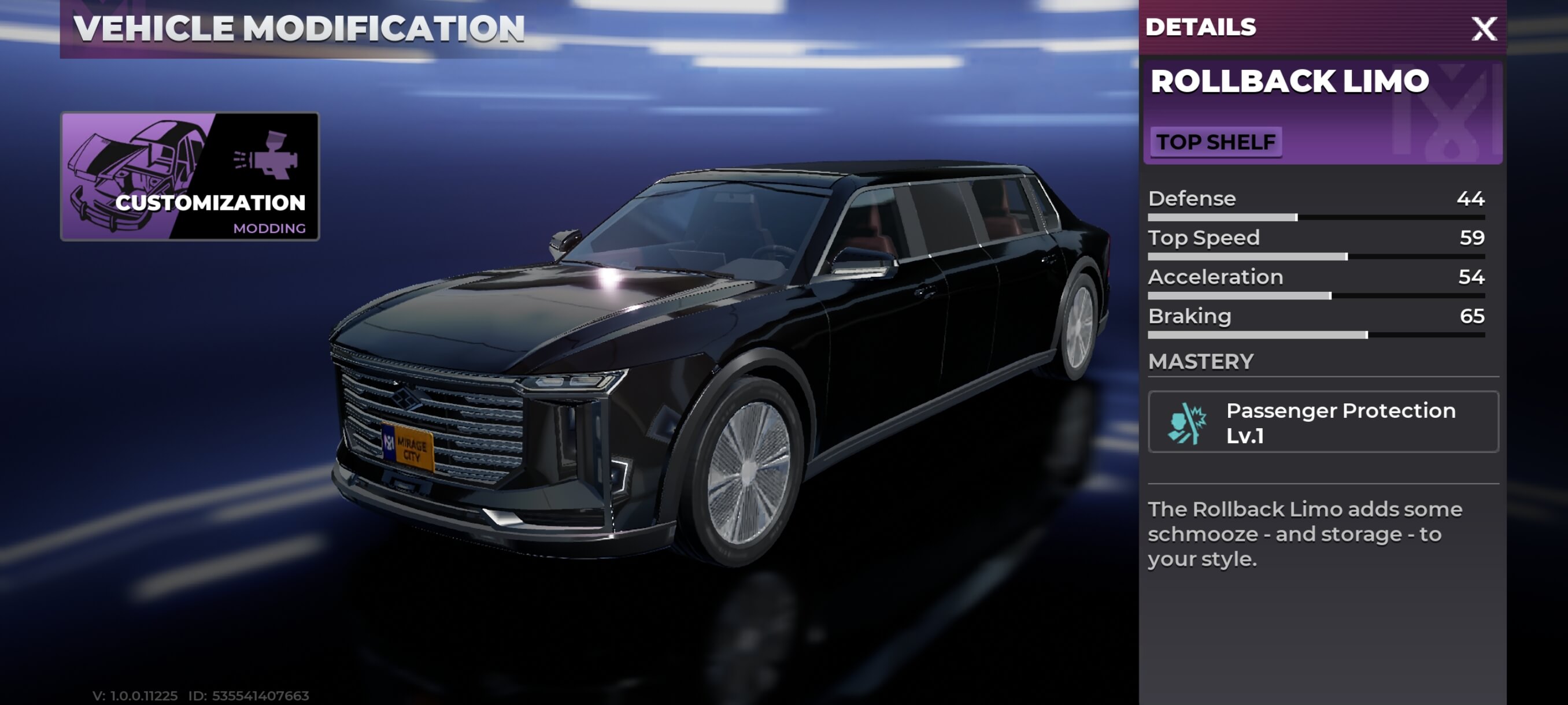 Rollback Limo vehicle details screen in Gangstar Mirage City