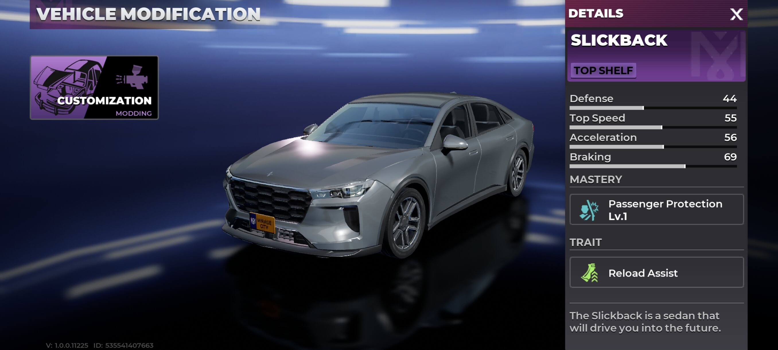 Slickback vehicle details screen in Gangstar Mirage City