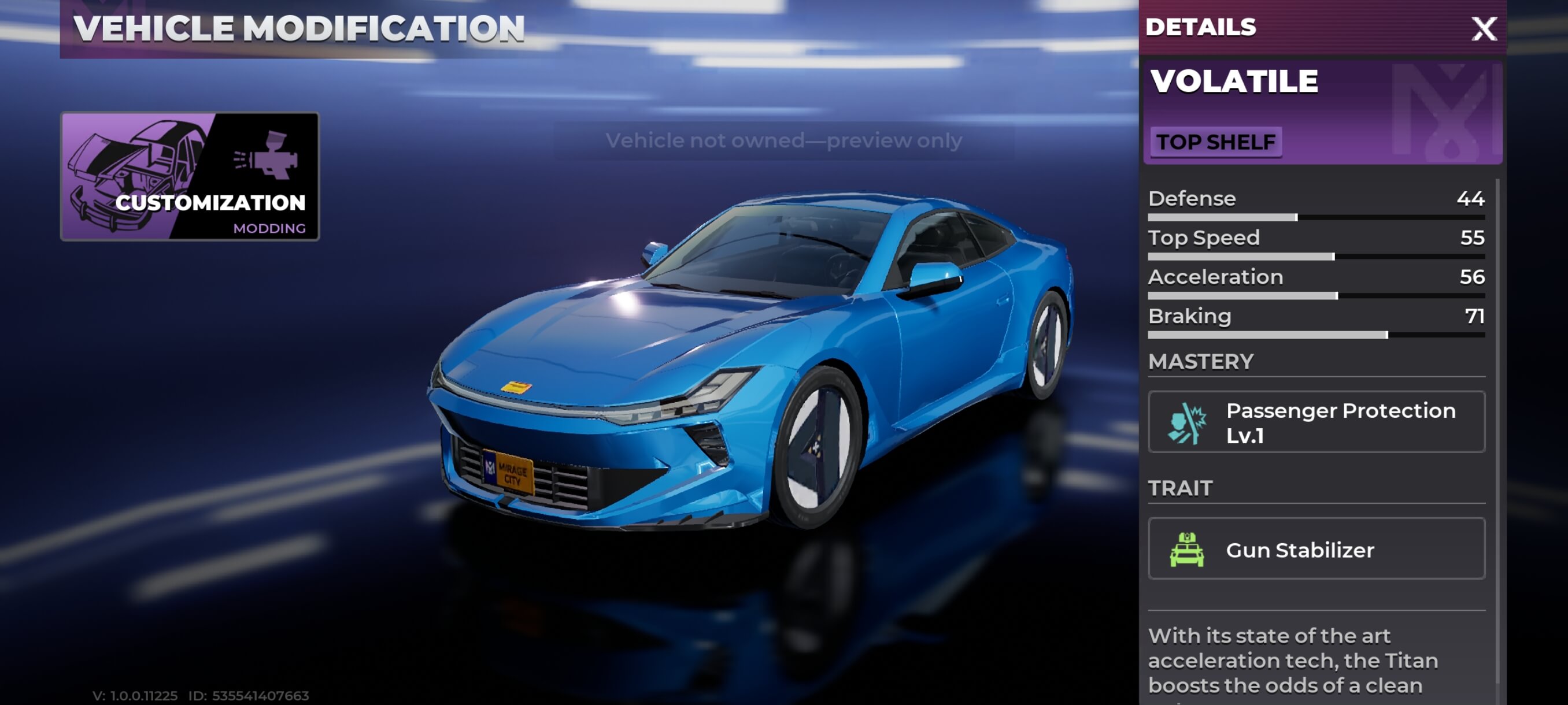 Volatile vehicle details screen in Gangstar Mirage City