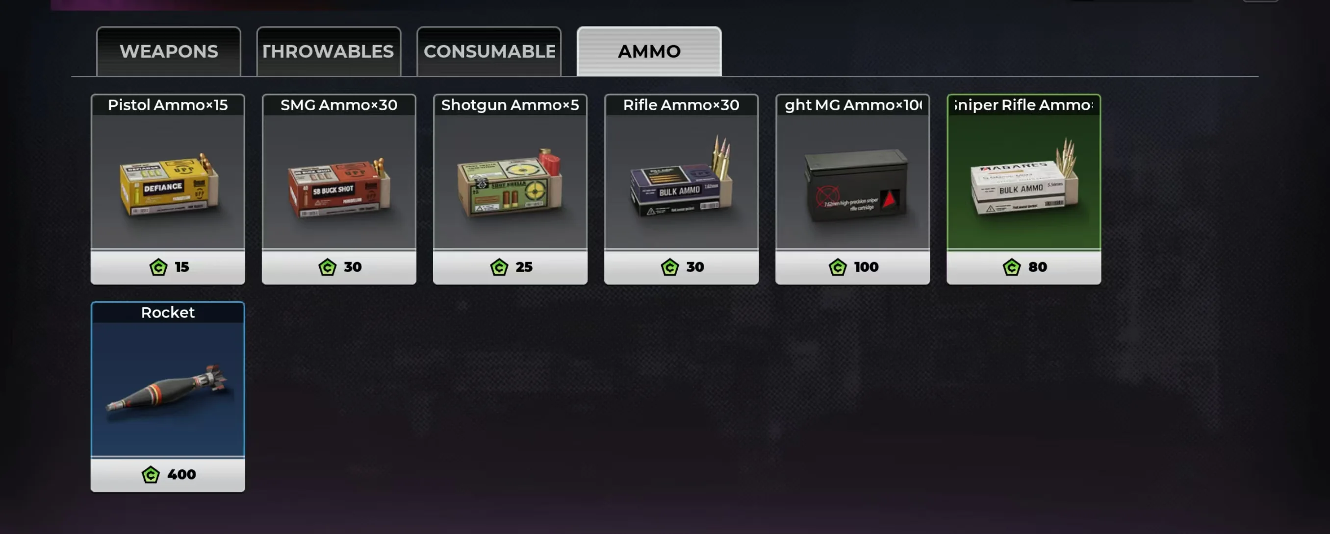 Gangfire ammunition shop with pistol, SMG, shotgun, rifle, light machine gun, sniper rifle and rocket ammunition