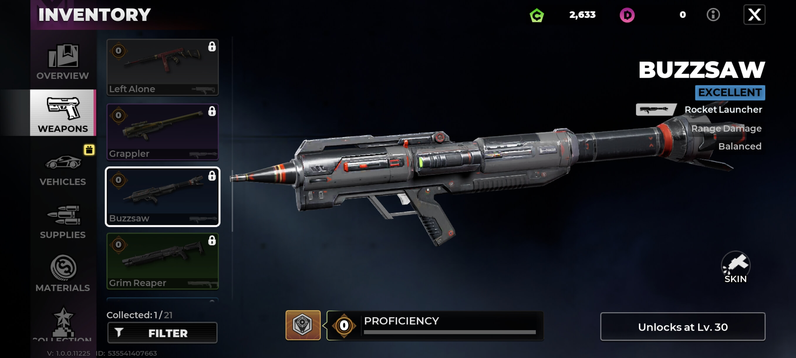 Buzzsaw Rocket Launcher inventory screen in Gangstar Mirage City