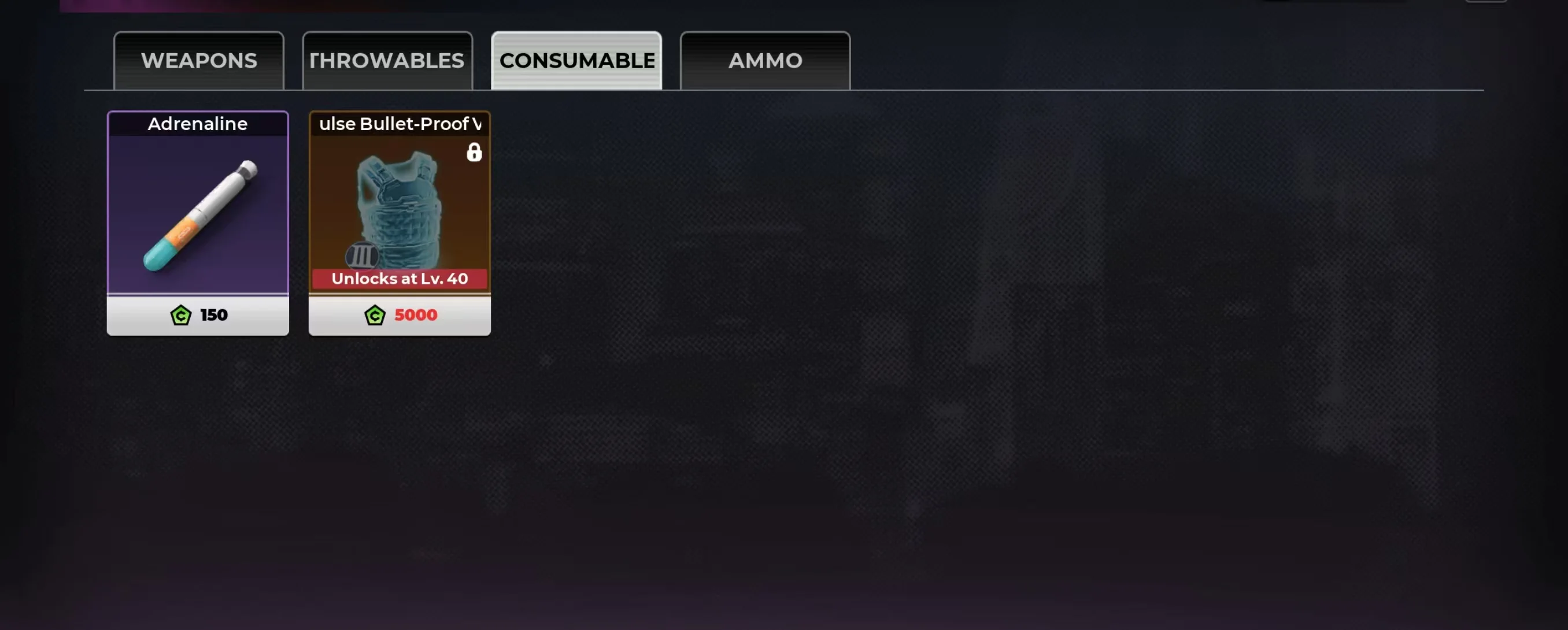 Gangfire consumables shop showing Adrenaline and a bullet-proof vest item