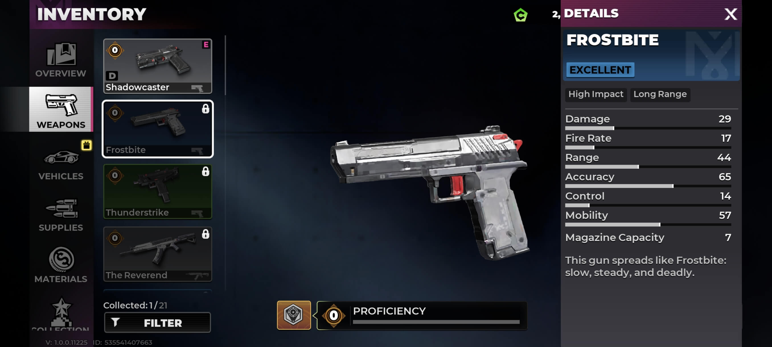 Frostbite Pistol inventory screen in Gangstar Mirage City