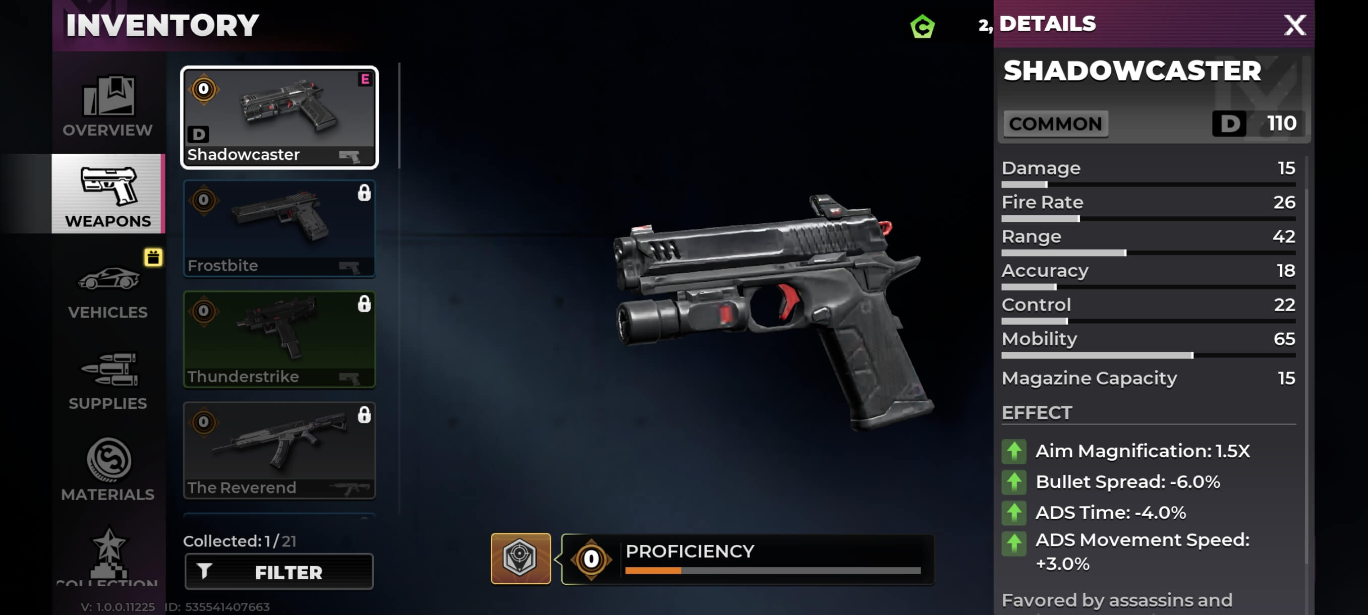 Shadowcaster Pistol inventory screen in Gangstar Mirage City