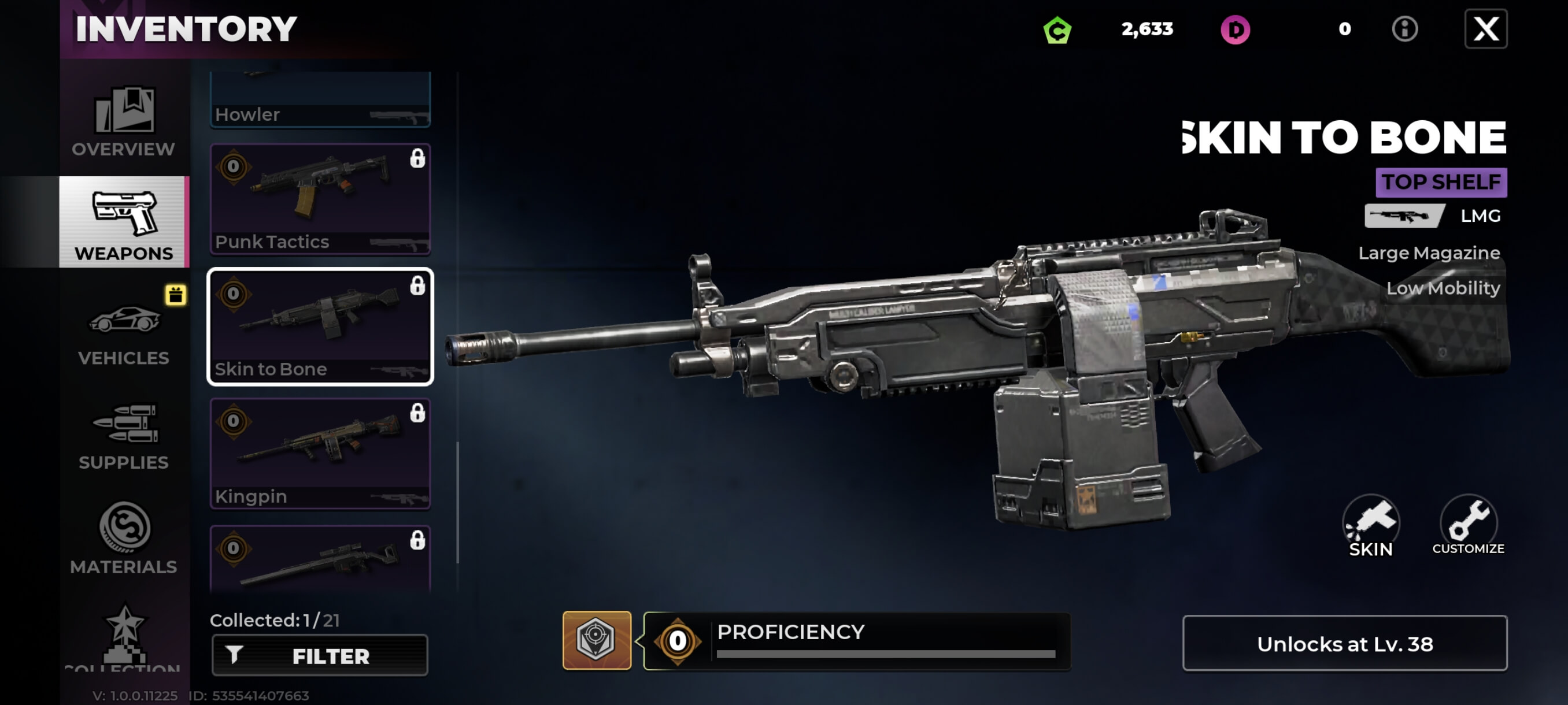 Skin to Bone Light Machine Gun inventory screen in Gangstar Mirage City