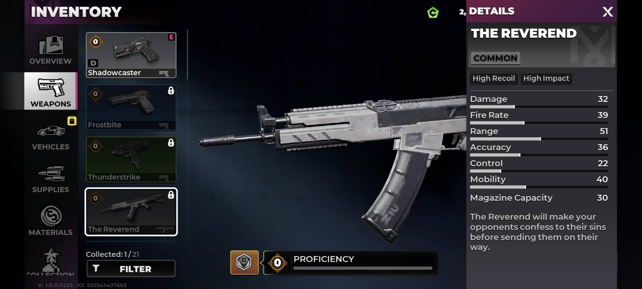 The Reverend Assault Rifle inventory screen in Gangstar Mirage City
