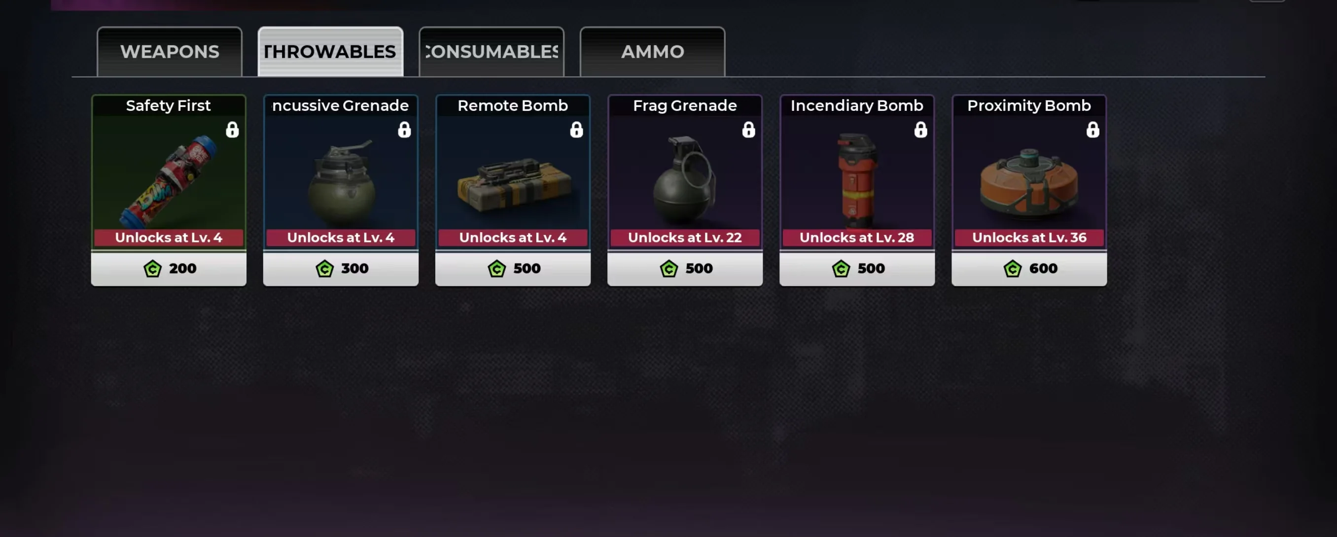 Gangfire throwables shop with six explosive and tactical items