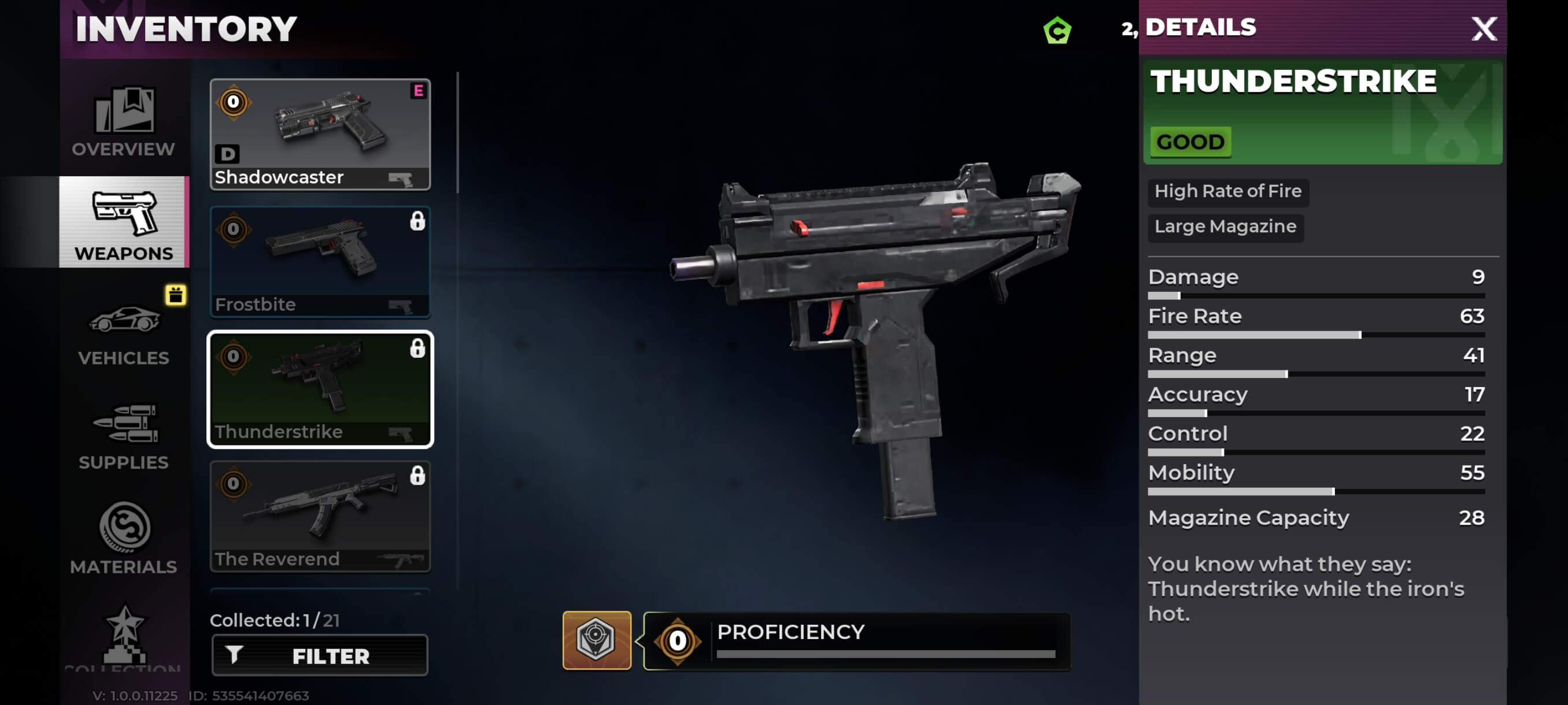 Thunderstrike Pistol inventory screen in Gangstar Mirage City