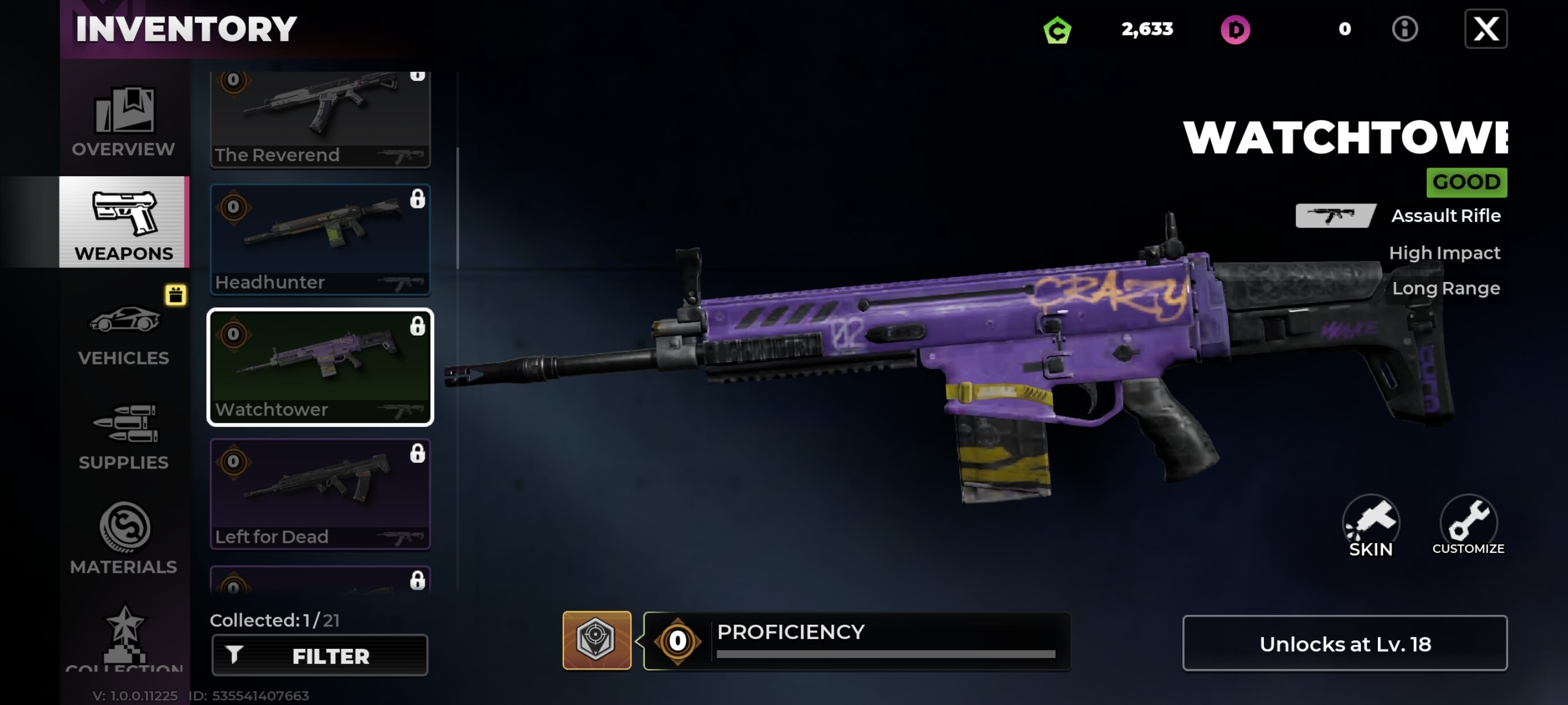 Watchtower Assault Rifle inventory screen in Gangstar Mirage City