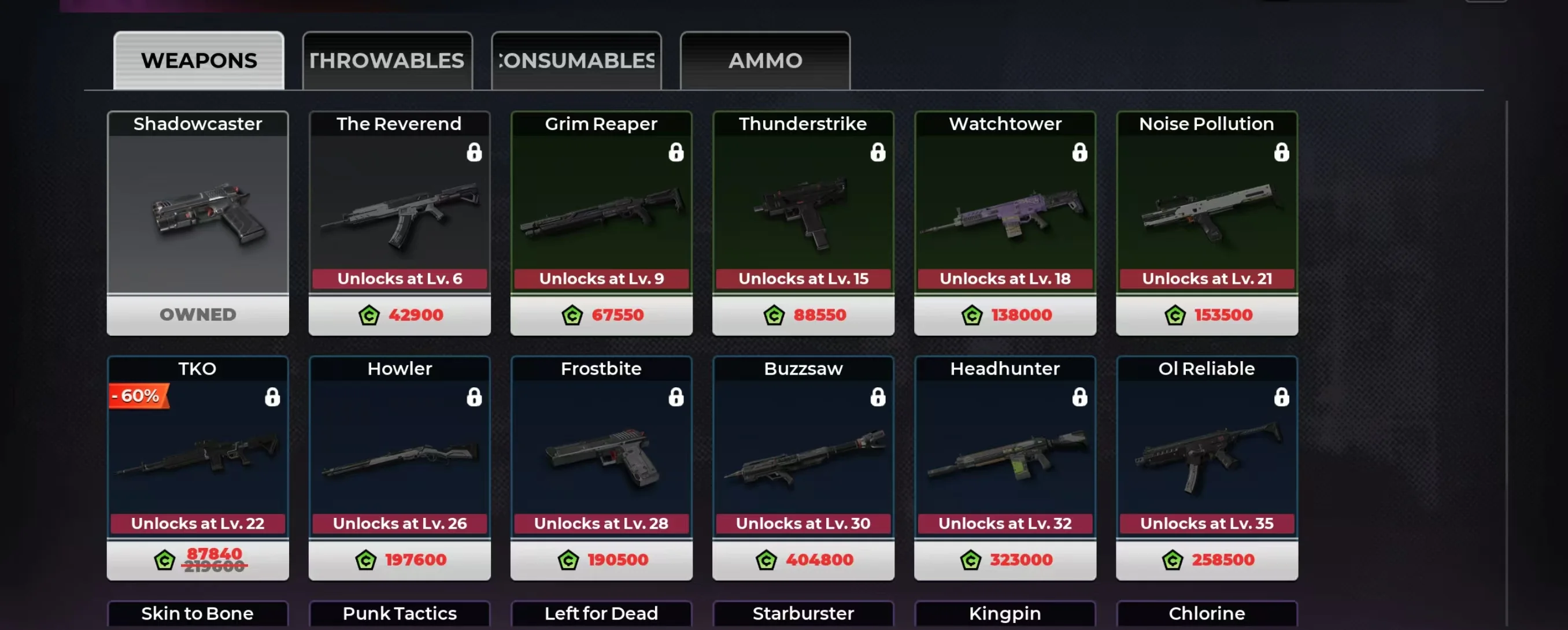 Gangfire weapon shop showing Shadowcaster through Ol Reliable with unlock levels and prices