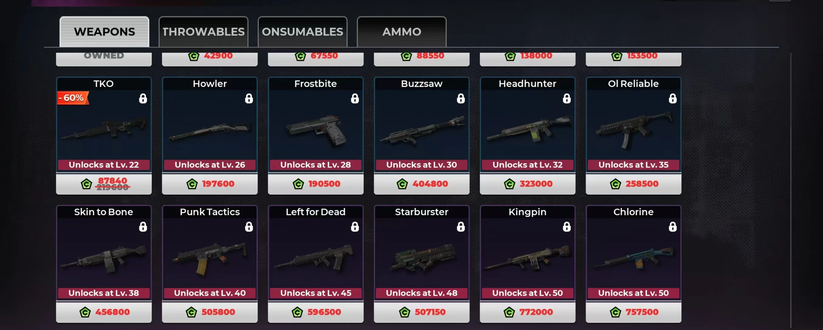 Gangfire shop showing weapons unlocked from level 22 through level 50